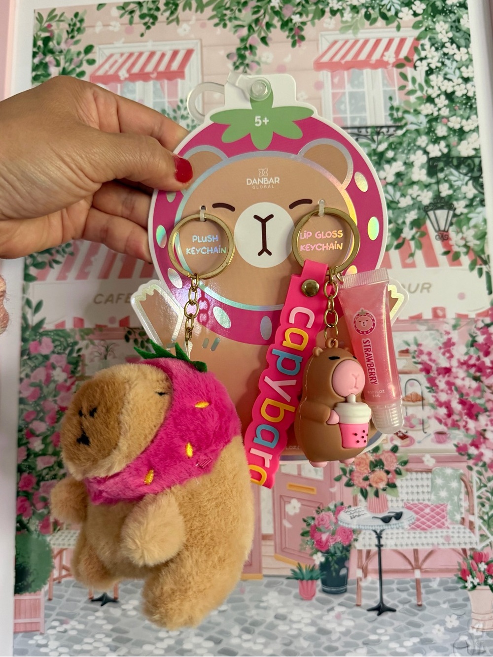 Capybara Plush & Lip Gloss Keychain Set - Pink/Brown -